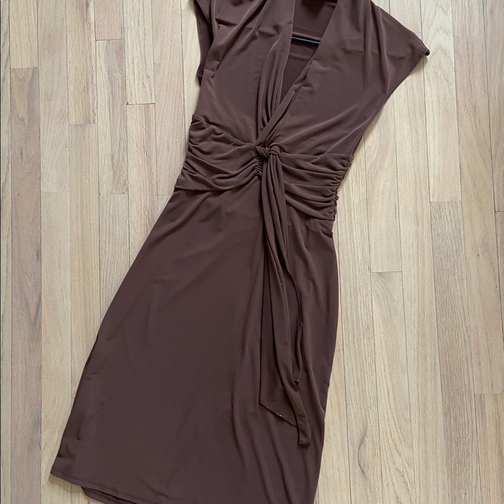 BCBG Brown Faux Wrap Midi Dress